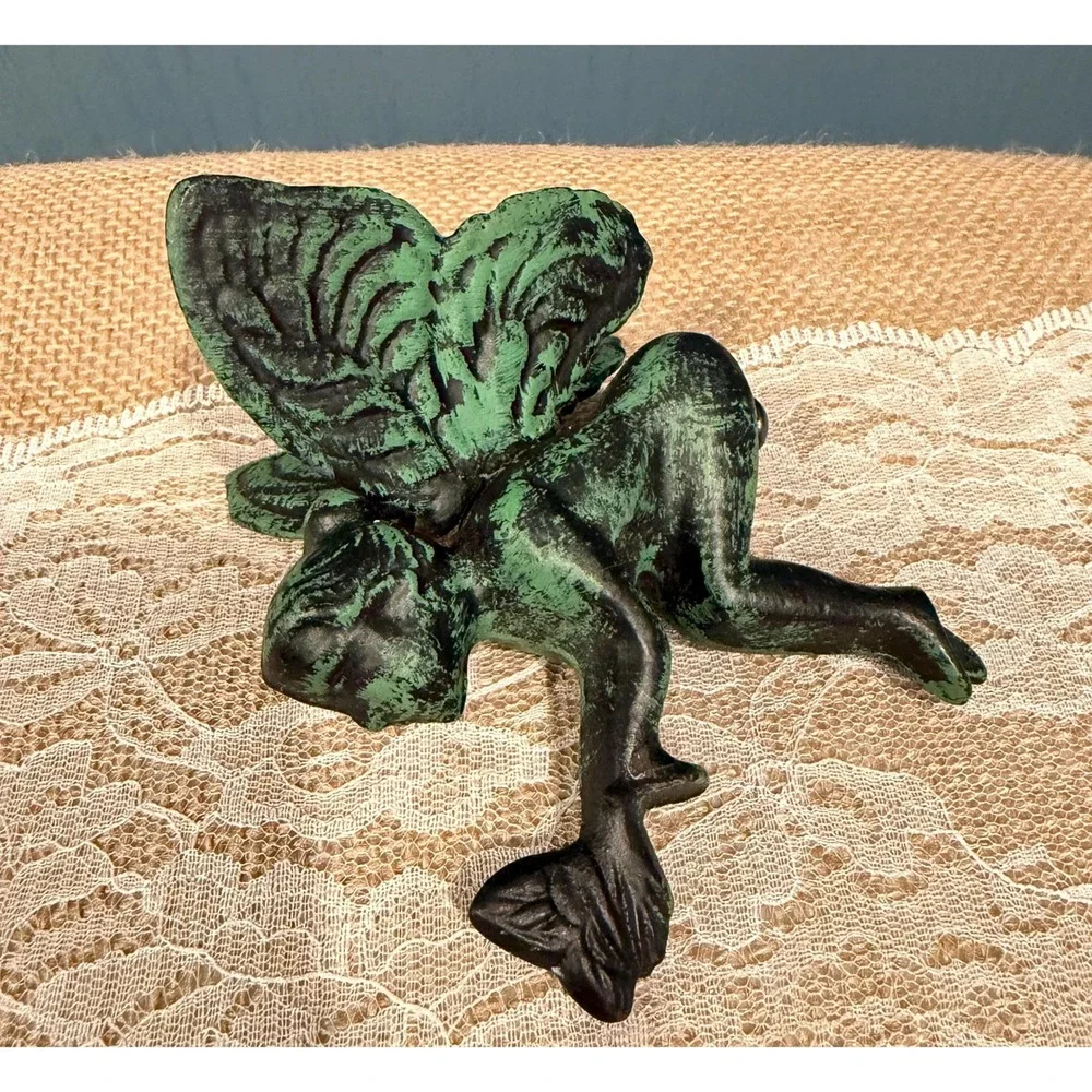 1940's Vintage Style Cast Iron‎ Fairy Wall Hook Verdigris Green Patina Cottage